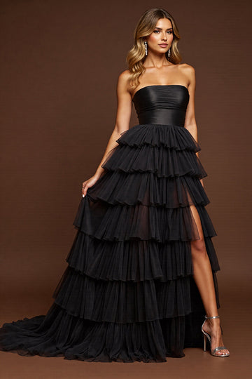 A Line Strapless Ruffled Black Long Formal Dress with Slit